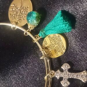 Crystal cross with tree of life charm bracelet expandable gold tone